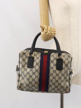 GUCCI GG Supreme Sherry Line Hand Bag PVC Navy Gold 37 02 3839 Auth SW2071